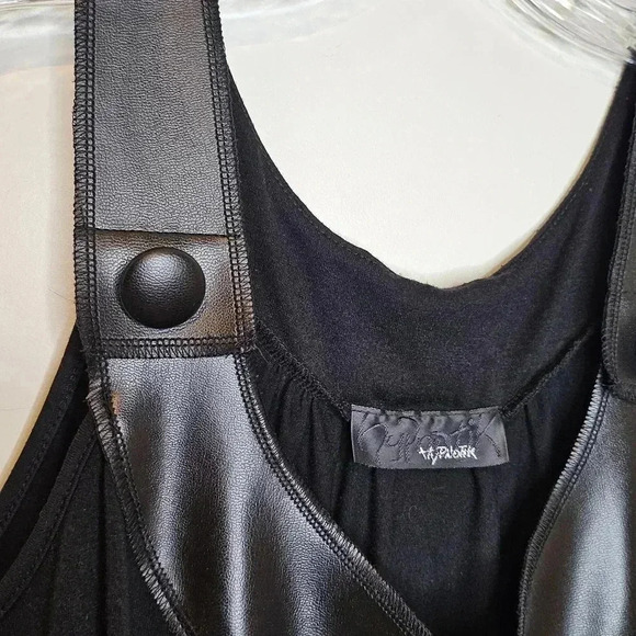 Bikercore Black Faux Leather Collar and Straps Elastic Hemline Blouse Tank Top M - Picture 3 of 6
